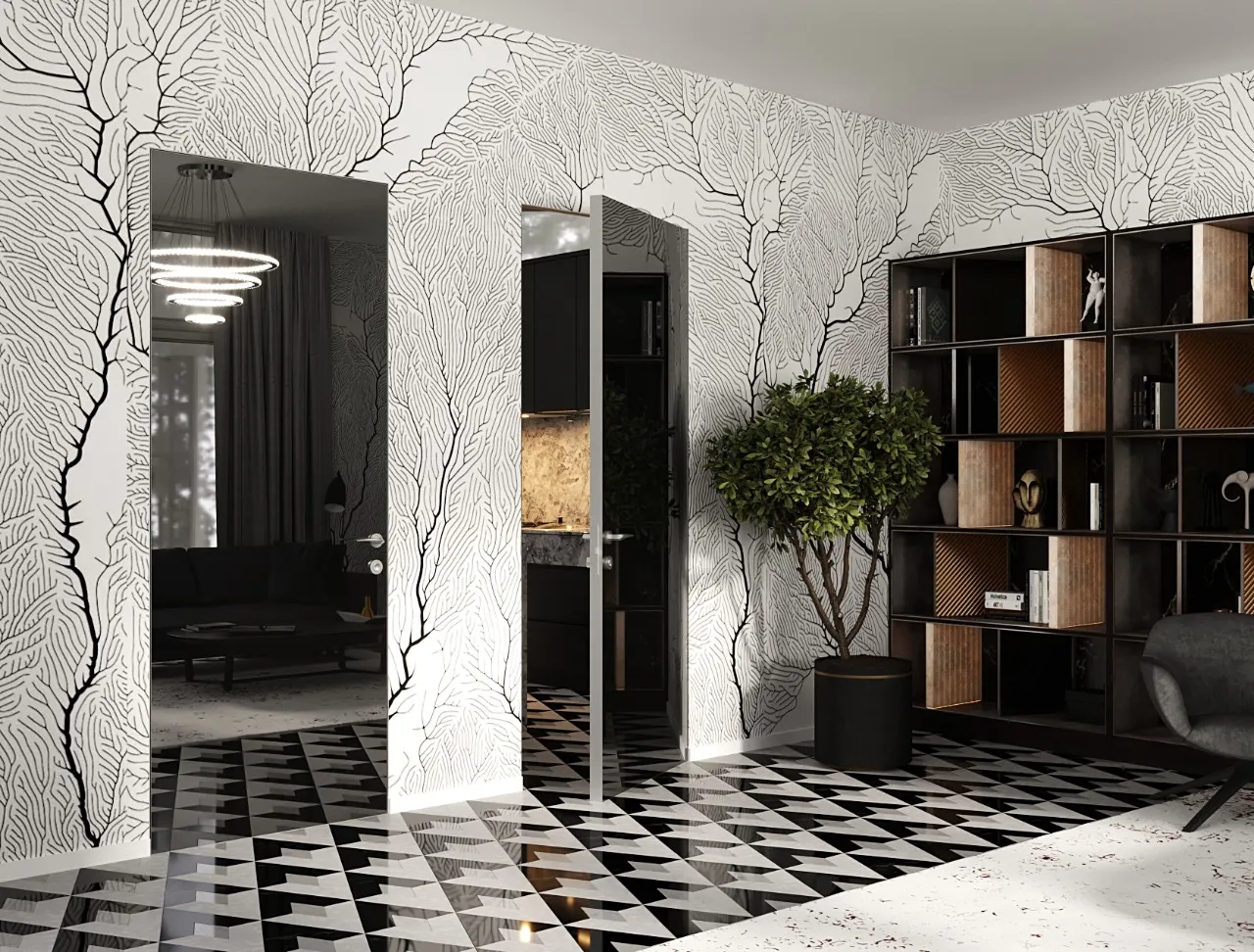 Скрытые стеклянные межкомнатные двери MIRROR-03 Gintereo. Заказать и купить зеркальную дверь из стекла в Москве, СПБ