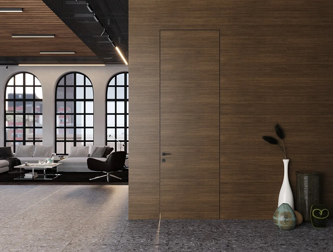 Скрытая деревянная дверь WOOD-01 Gintereo. Заказать и купить инвизибл дверь скрытого монтажа из дерева, шпона в Москве, СПБ