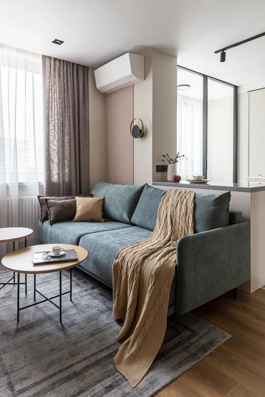 Интьерьер гостиной комнаты в скандинавском стиле. На заднем плане прозрачная межкомнатная перегородка от Gintereo