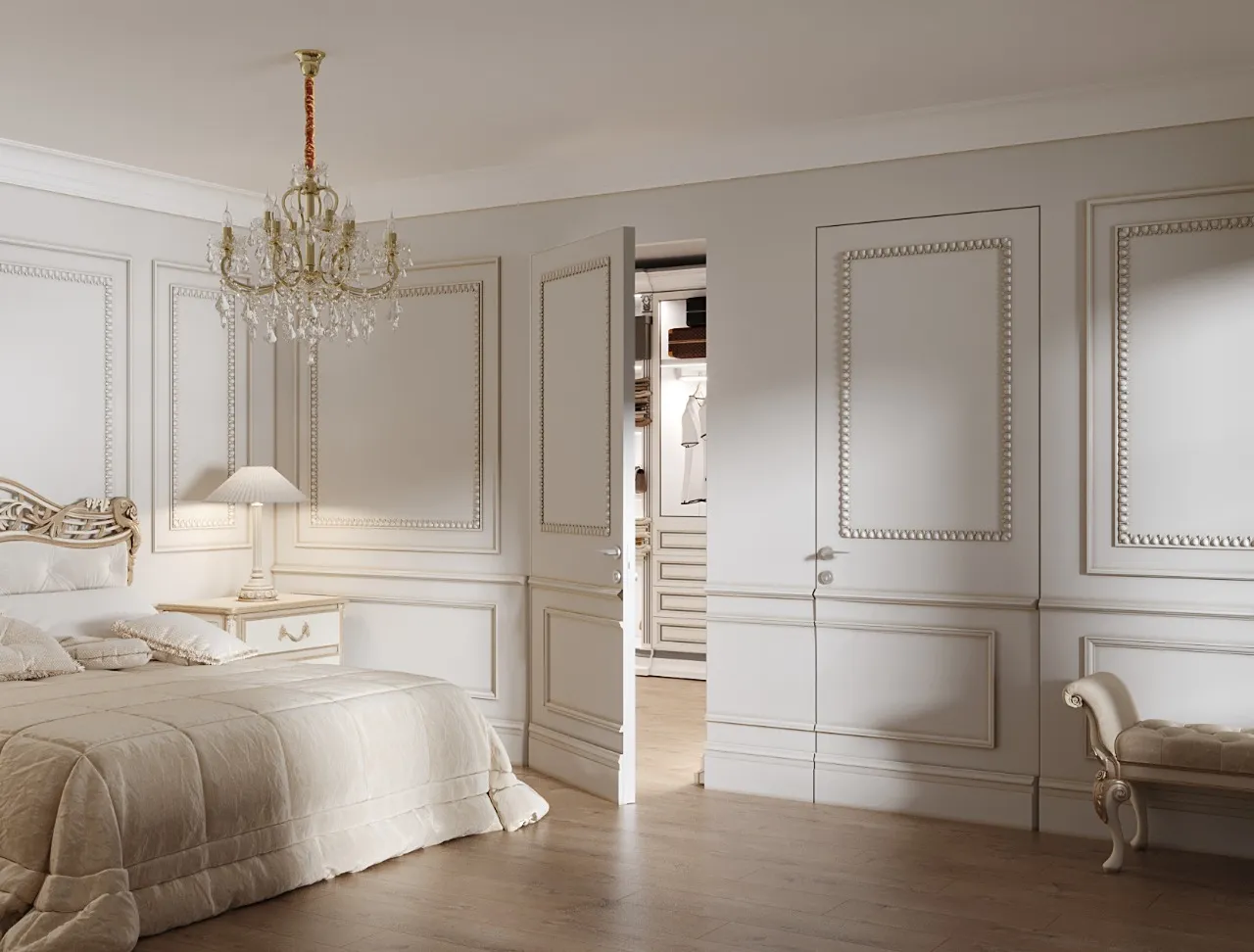 Скрытая декоративная межкомнатная дверь в интерьере неоклассической спальни. Купить дверь скрытого монтажа под заказ