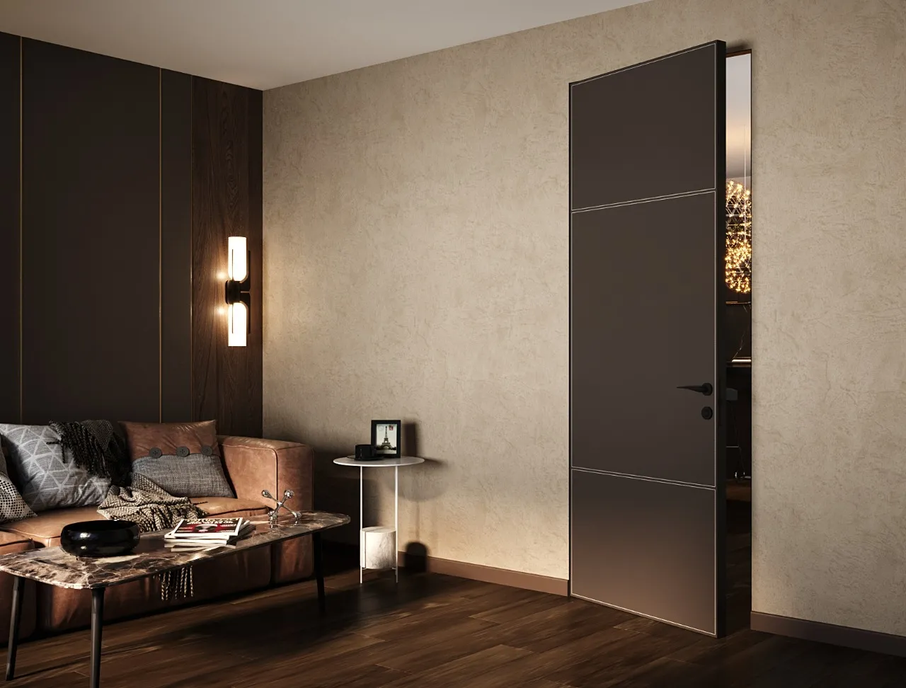 Скрытая дверь LEATHER-02 от производителя Gintereo. Купить кожаную дверь скрытого монтажа под заказ в Москве, СПБ