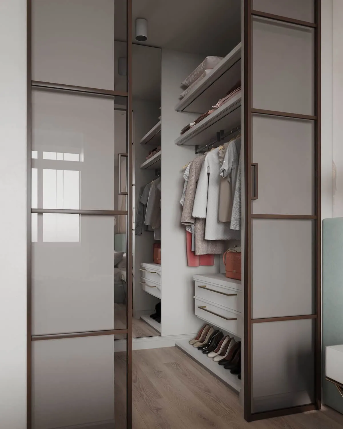 Раздвижные межкомнатные перегородки Gintereo в интерьере спальни. Купить, заказать перегородки для зонирования гардеробной