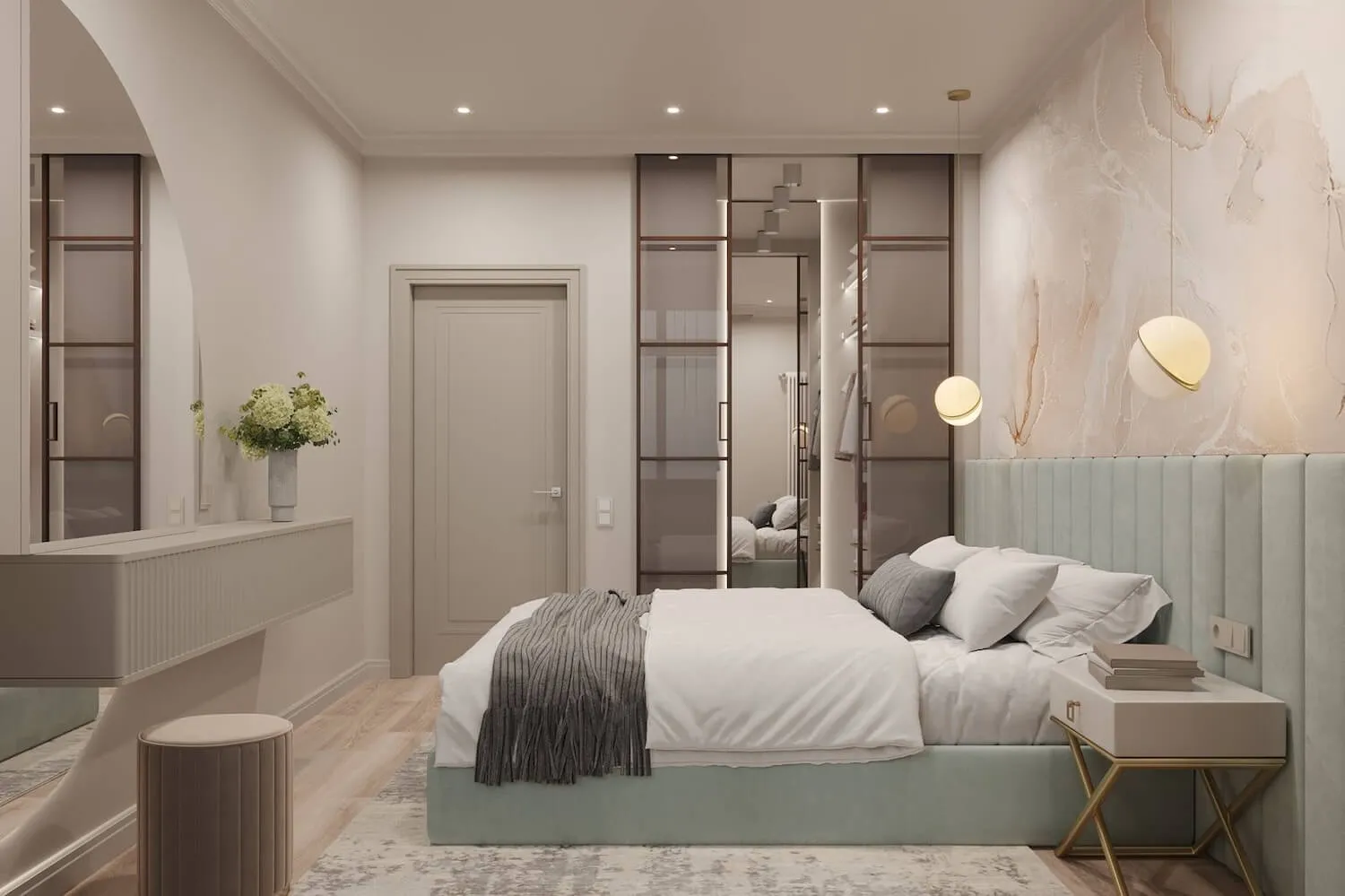 Раздвижные стеклянные перегородки Gintereo в интерьере спальни. Купить, заказать перегородки для зонирования гардеробной