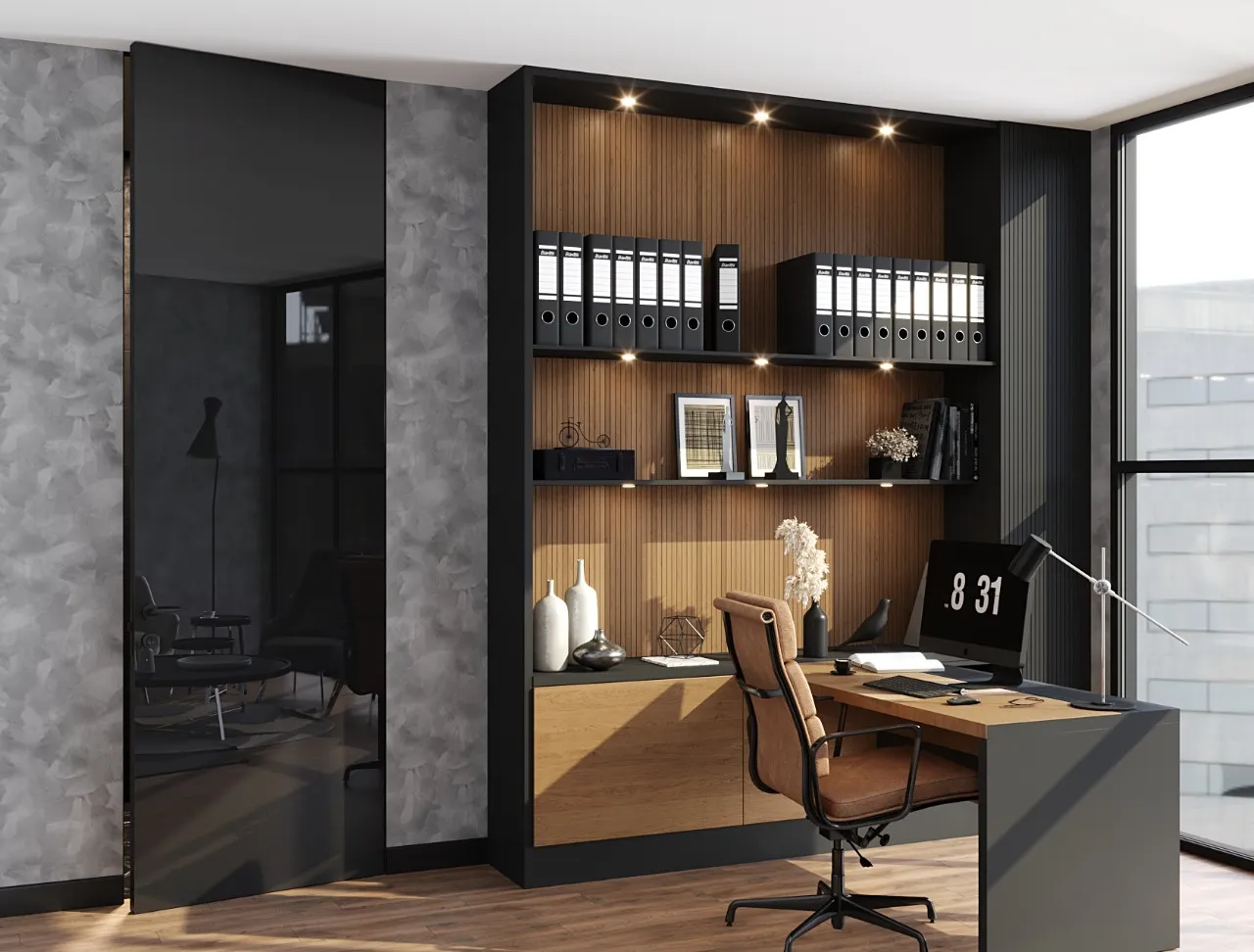 Скрытая дверь GLOSS-03 с тонированным цветным стеклом от Gintereo. Заказать и купить дверь скрытого монтажа в Москве, СПБ