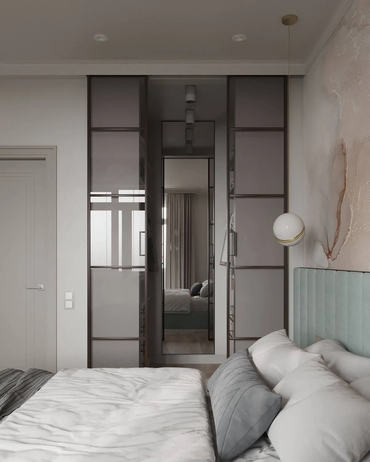 Раздвижные межкомнатные перегородки Gintereo из стекла в спальне. Купить перегородки для зонирования шкафа под заказ