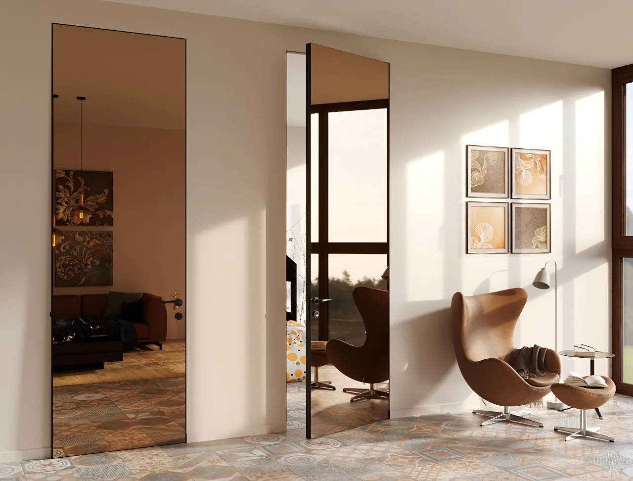 Стеклянная межкомнатная дверь в стиле лофт Gintereo. Заказать и купить зеркальную дверь из стекла в Москве, Санкт-Петербурге