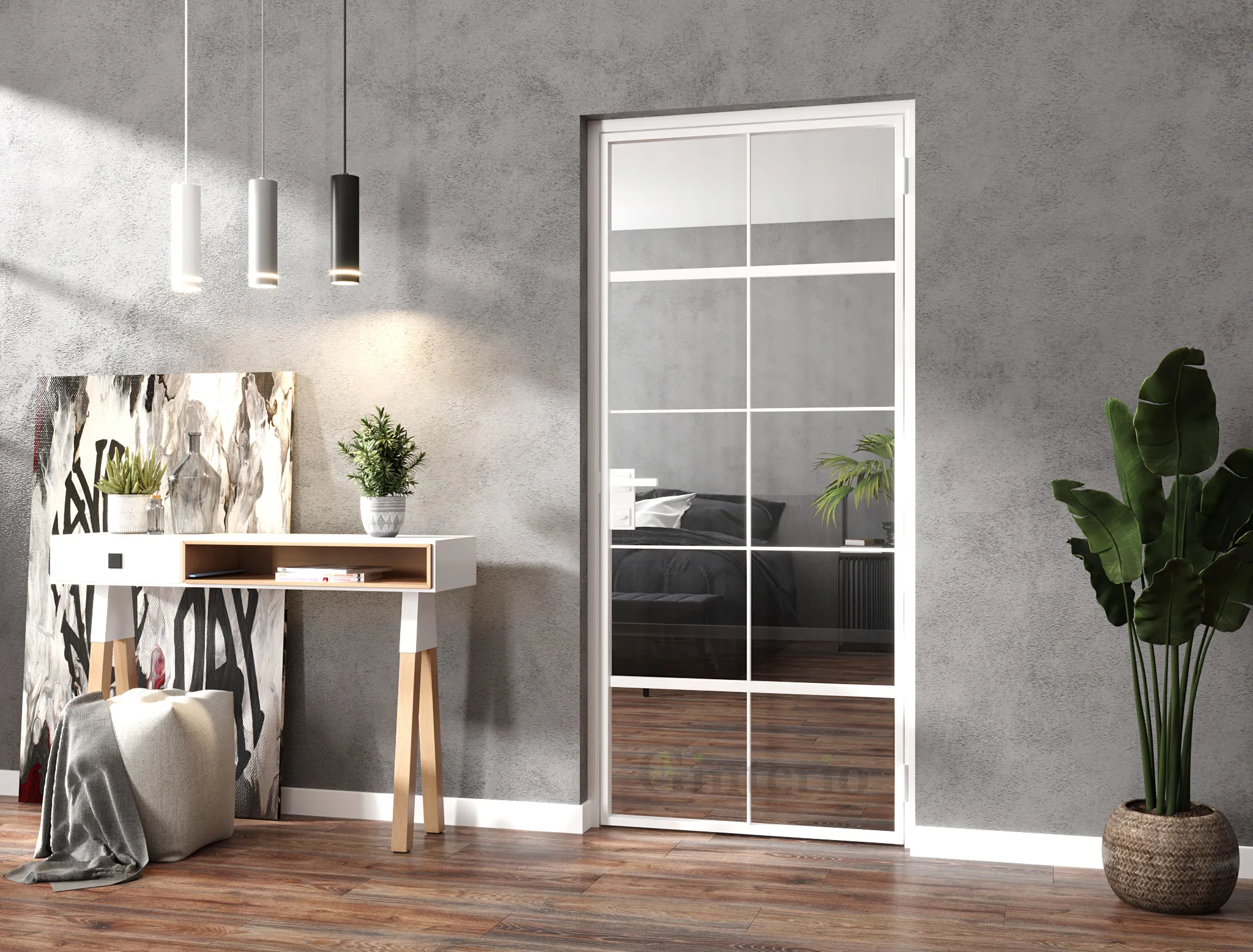 Стеклянная межкомнатная дверь MIRROR-02 в стиле лофт от Gintereo. Заказать и купить зеркальную дверь из стекла в Москве, СПБ