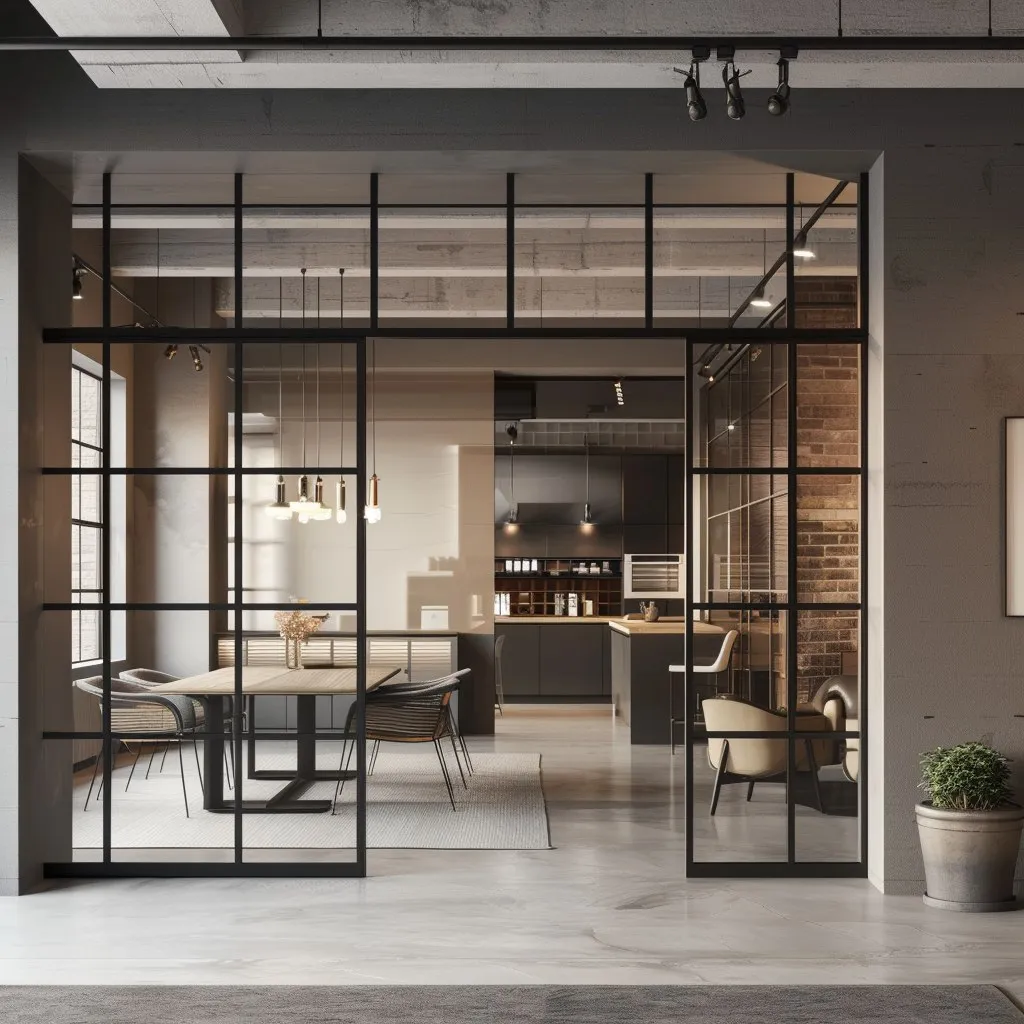 Раздвижная стеклянная межкомнатная лофт перегородка Gintereo SLIDE-04 .Купить перегородку из стекла под заказ в Москве, СПБ 