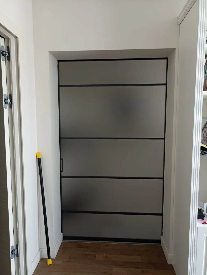 Матовая стеклянная дверь с черным профилем. Купить под заказ нестандартные межкомнатные двери из стекла по своим размерам