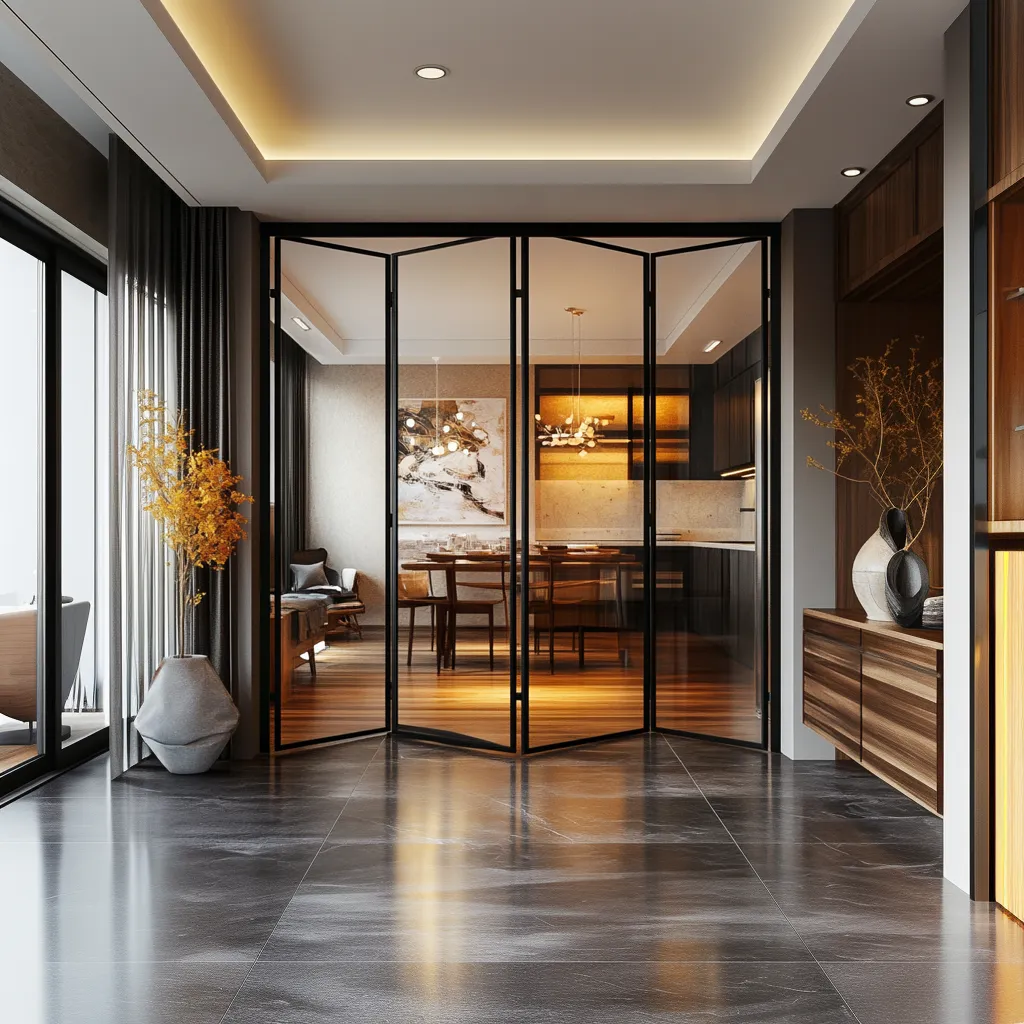 Складная межкомнатная стеклянная лофт перегородка Gintereo. Заказать, купить перегородку из стекла и алюминия "гармошка"