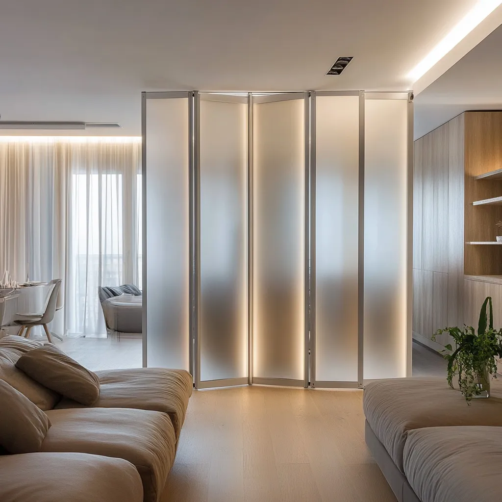 Складная стеклянная перегородка FOLD-02 лофт Gintereo. Заказать, купить межкомнатную перегородку гармошку из матового стекла