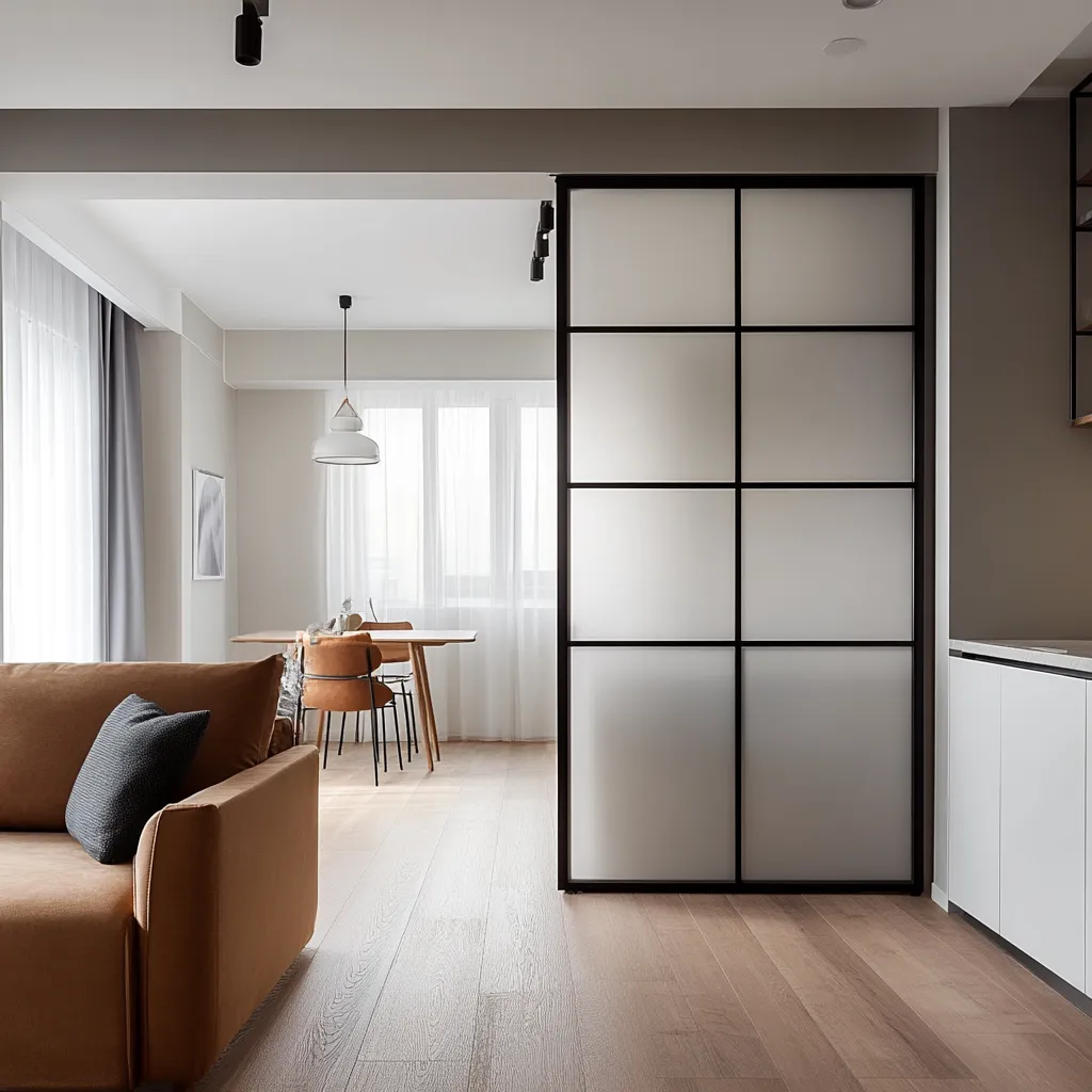 Раздвижная стеклянная межкомнатная перегородка лофт Gintereo. Заказать и купить перегородку из матового стекла в Москве, СПБ