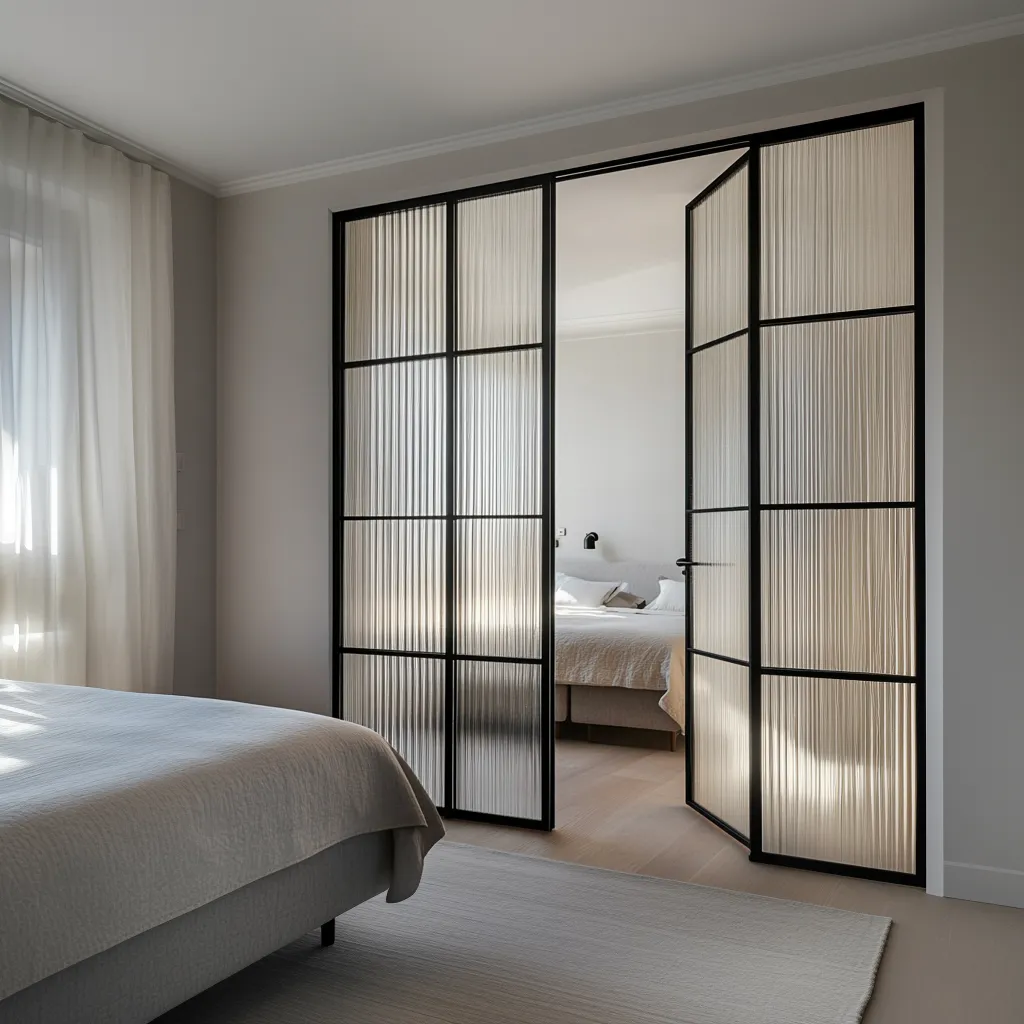 Распашная стеклянная рифленая межкомнатная перегородка SWING-06 в стиле лофт от Gintereo. Заказать и купить в Москве, СПБ 