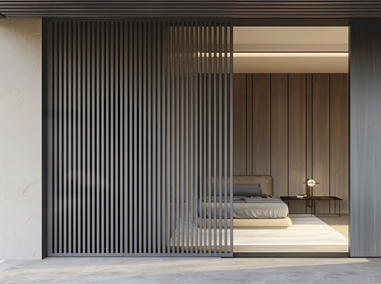 Раздвижная реечная межкомнатная перегородка LATTICE-01 в стиле лофт от Gintereo. Купить перегородку под заказ в Москве, СПБ