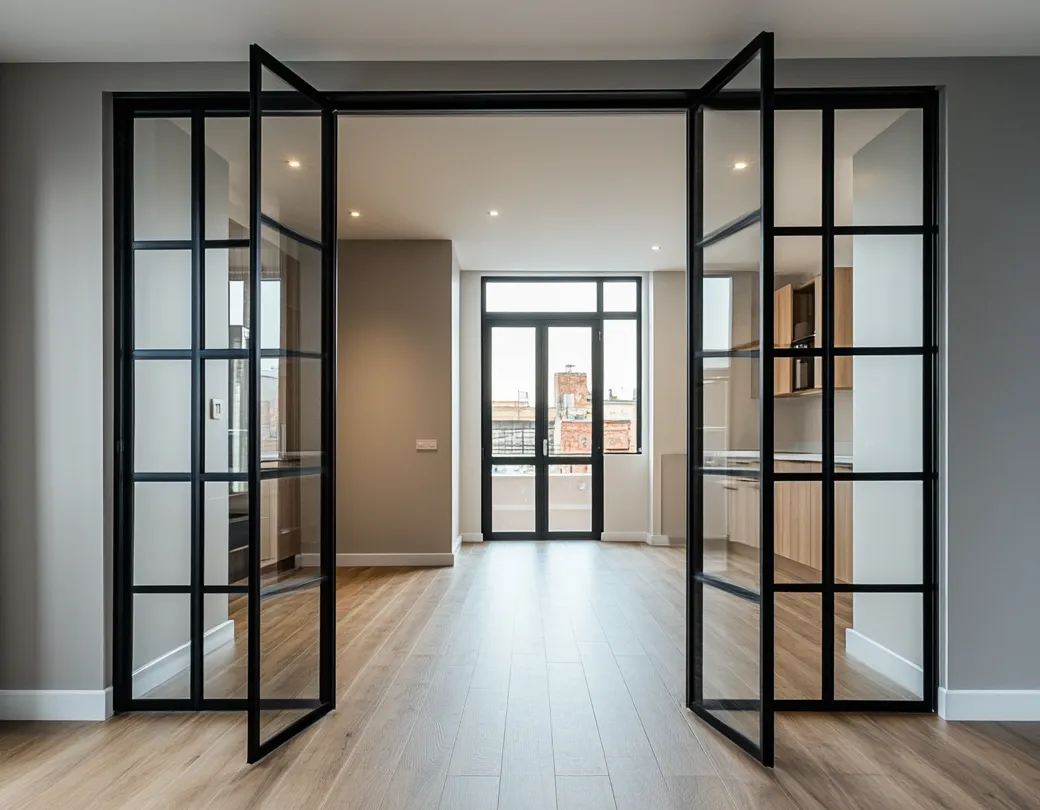 Распашная стеклянная межкомнатная перегородка черного цвета в стиле лофт от Gintereo. Заказать и купить в Москве, СПБ