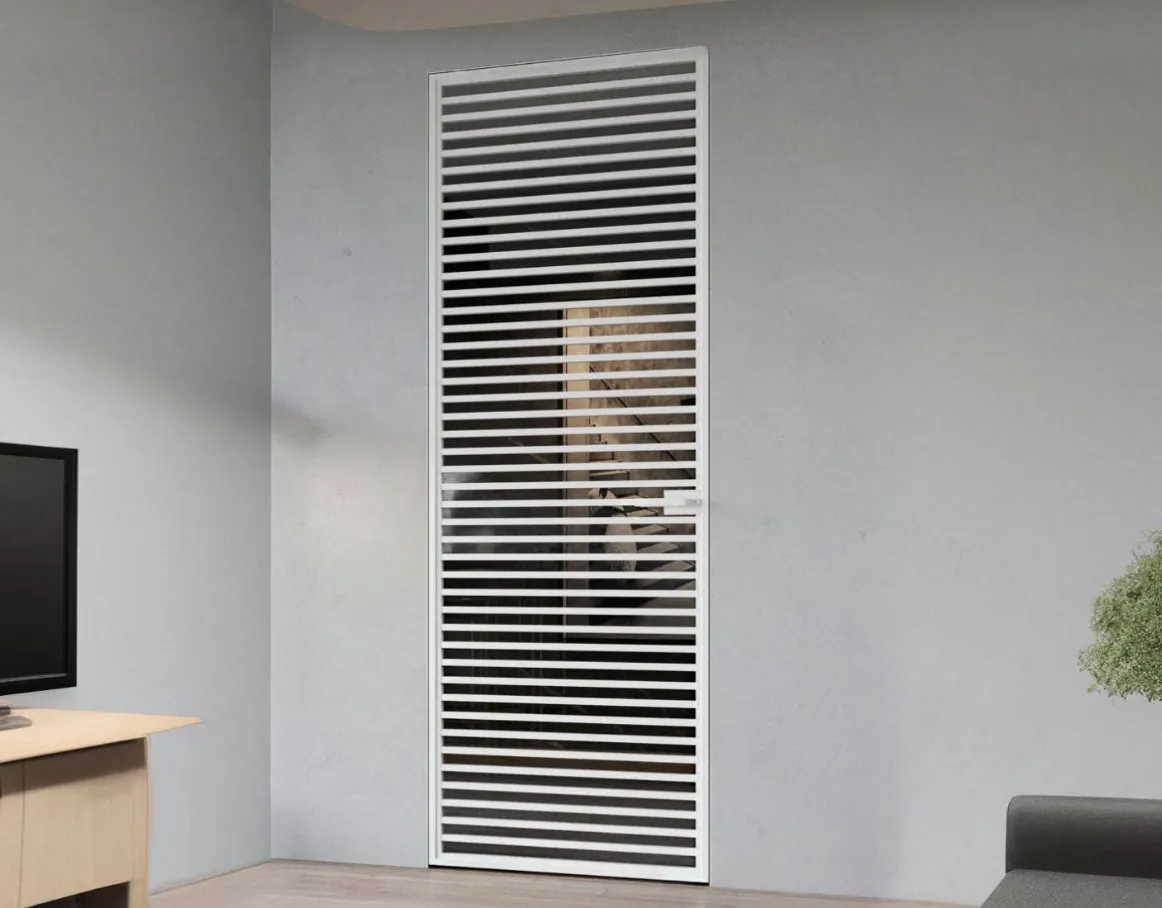 Стеклянная реечная дверь LATTICE-03 от производителя Gintereo. Заказать и купить межкомнатную дверь с рейками в Москве, СПБ