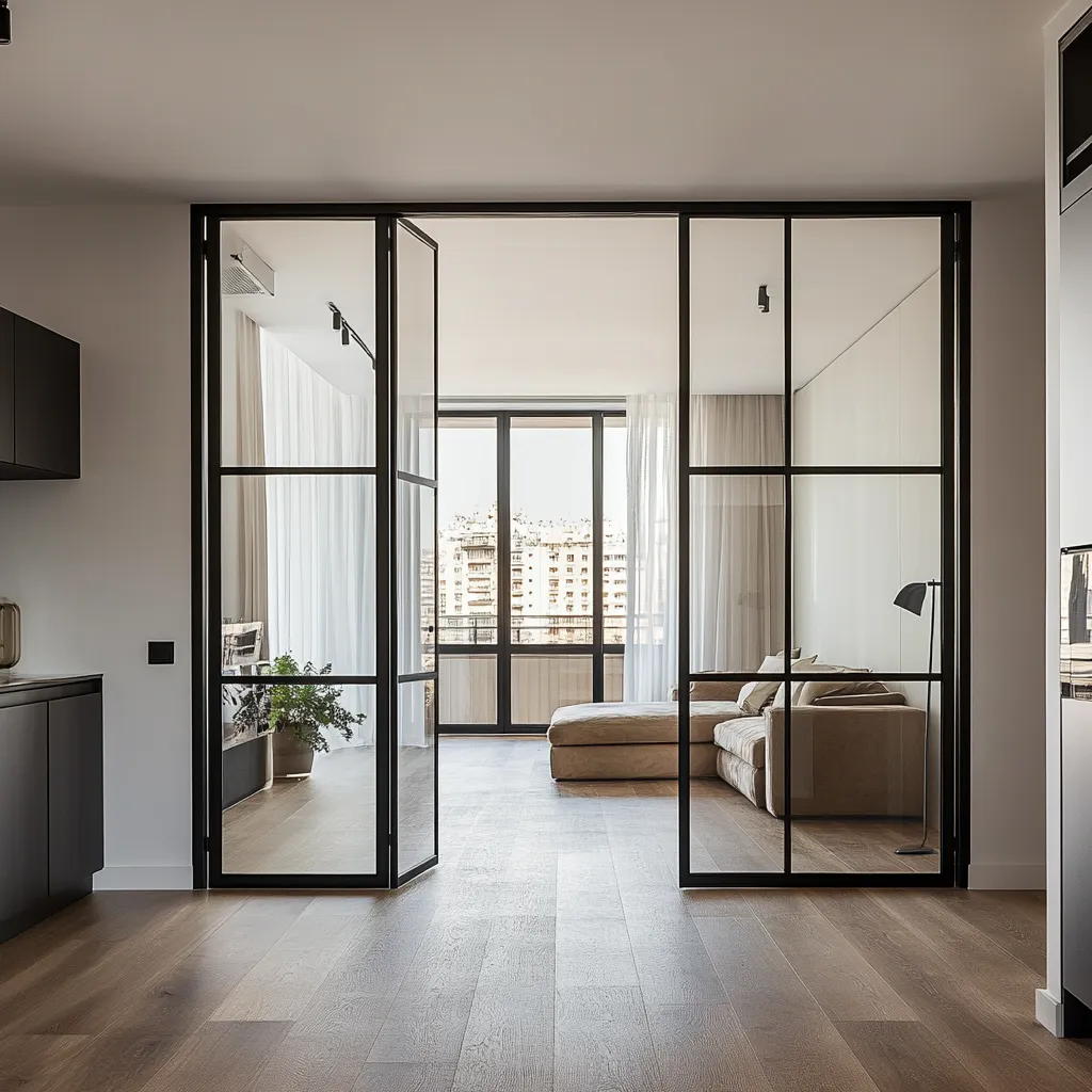 Распашная межкомнатная перегородка SWING-03 лофт от Gintereo. Заказать и купить перегородку из стекла, алюминия в Москве, СПБ