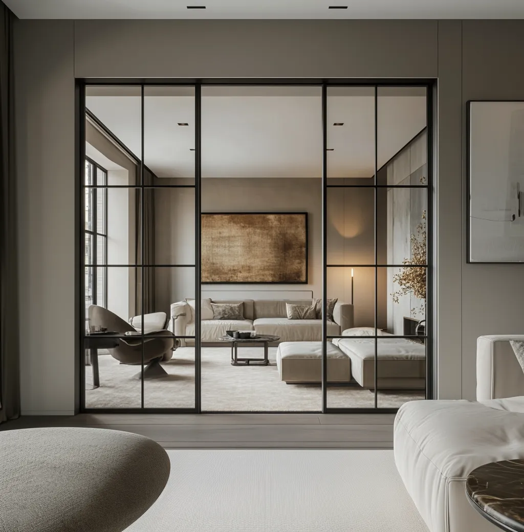 Раздвижная стеклянная межкомнатная перегородка SLIDE-02 лофт от Gintereo. Заказать и купить перегородку из стекла в Москве 