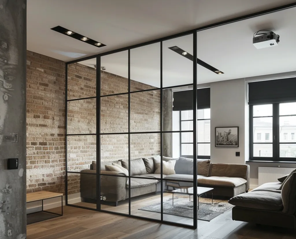 Раздвижная стеклянная межкомнатная перегородка SLIDE-01 в стиле лофт от Gintereo. Заказать и купить перегородку из стекла в Москве, СПБ 