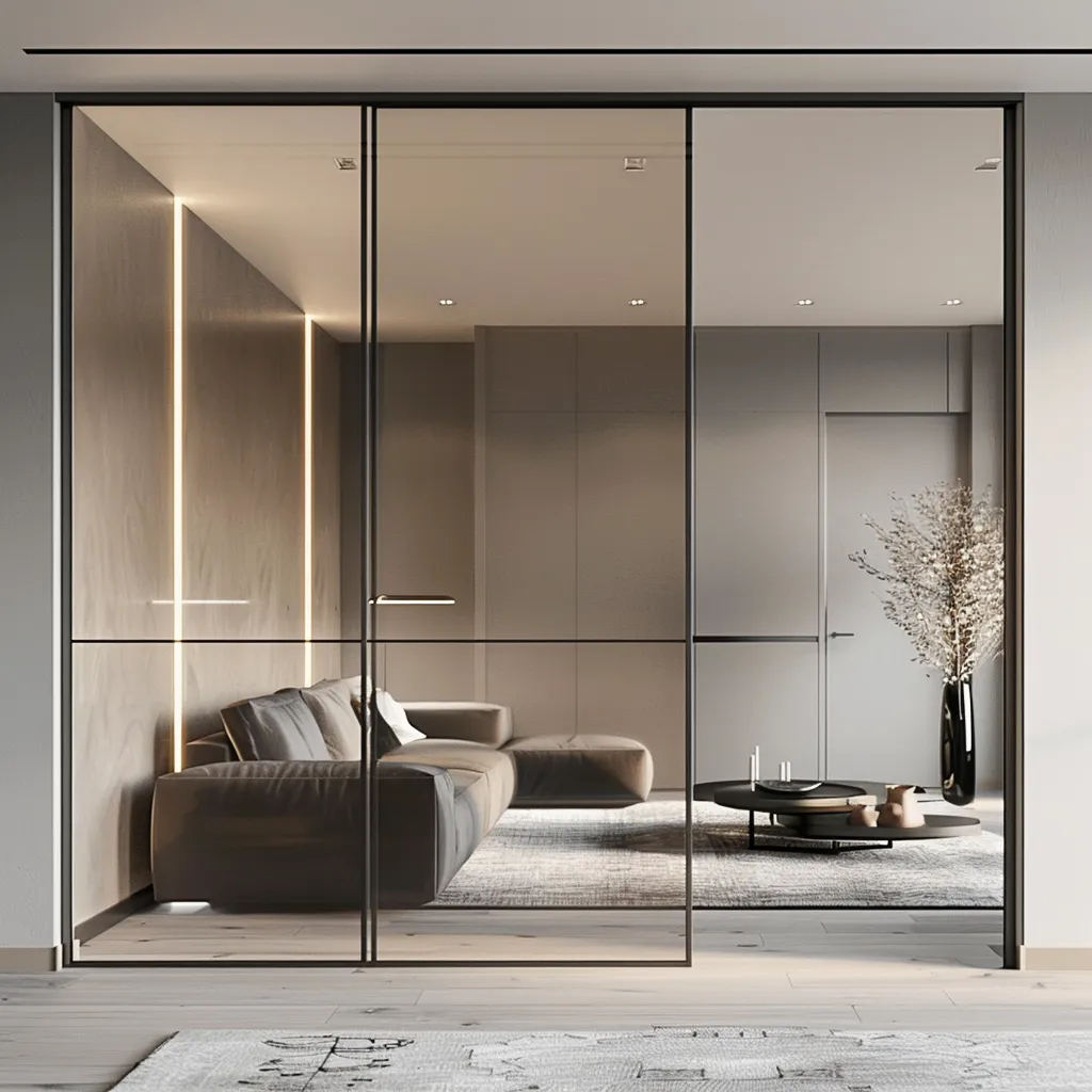 Статичная стеклянная перегородка Gintereo в интерьере. Заказать, купить лофт перегородку из стекла для зонирования гостиной