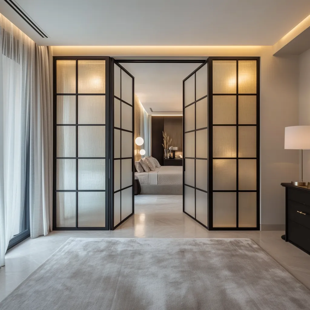 Распашная стеклянная матовая межкомнатная перегородка SWING-04 в стиле лофт от Gintereo. Заказать и купить в Москве, СПБ 